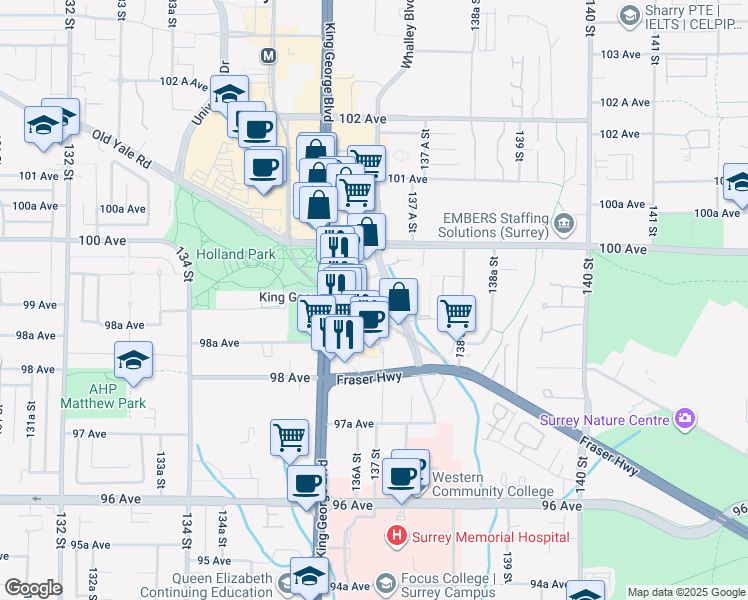 map of restaurants, bars, coffee shops, grocery stores, and more near 9887 Whalley Boulevard in Surrey