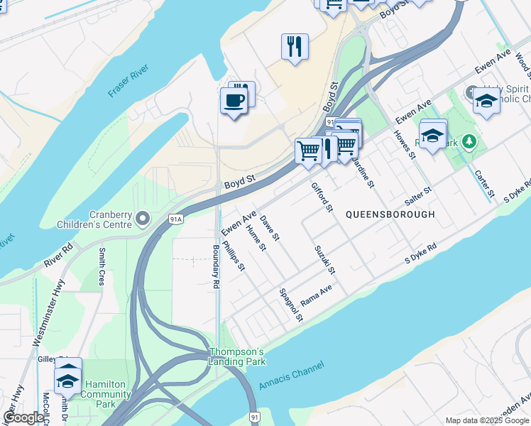 map of restaurants, bars, coffee shops, grocery stores, and more near 1262 Ewen Avenue in New Westminster