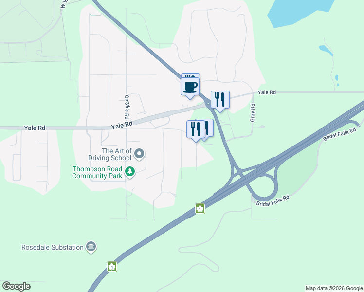 map of restaurants, bars, coffee shops, grocery stores, and more near 52892 Bunker Road in Fraser Valley