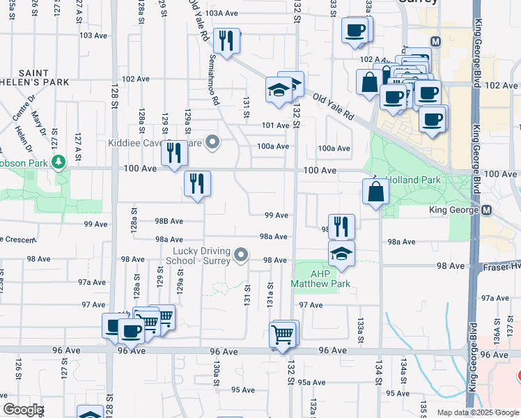 map of restaurants, bars, coffee shops, grocery stores, and more near 13137 99 Avenue in Surrey