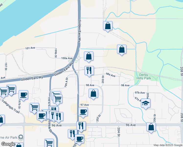 map of restaurants, bars, coffee shops, grocery stores, and more near 20209 98A Avenue in Langley