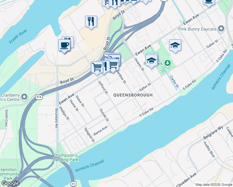 map of restaurants, bars, coffee shops, grocery stores, and more near 1135 Salter Street in New Westminster