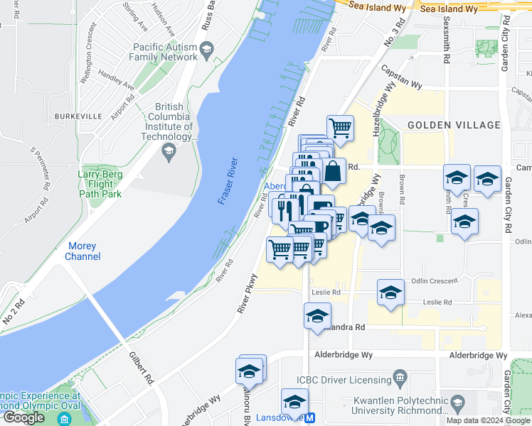 map of restaurants, bars, coffee shops, grocery stores, and more near 7580 River Road in Richmond
