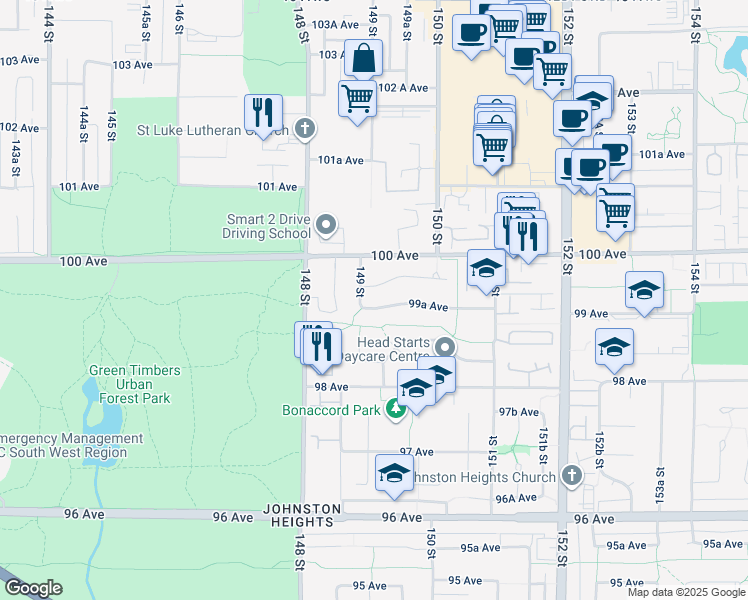 map of restaurants, bars, coffee shops, grocery stores, and more near 14921 99A Avenue in Surrey