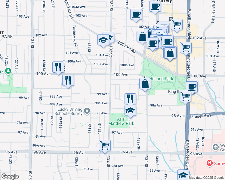 map of restaurants, bars, coffee shops, grocery stores, and more near 9920 132 Street in Surrey