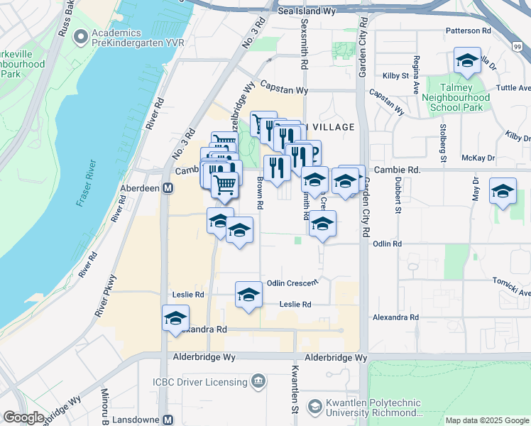 map of restaurants, bars, coffee shops, grocery stores, and more near 4180 Brown Road in Richmond