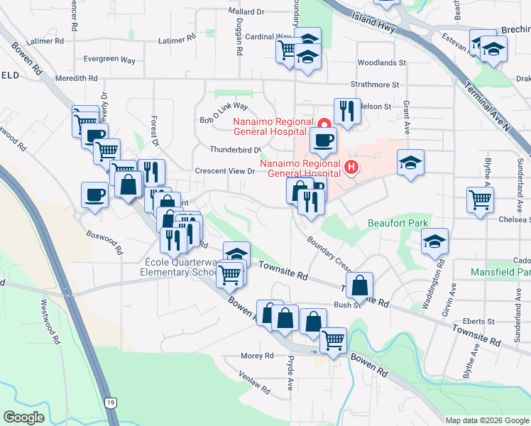 map of restaurants, bars, coffee shops, grocery stores, and more near 1631 Dufferin Crescent in Nanaimo