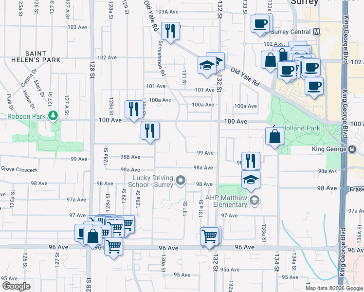 map of restaurants, bars, coffee shops, grocery stores, and more near in Surrey