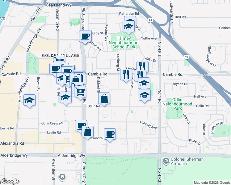 map of restaurants, bars, coffee shops, grocery stores, and more near 9388 McKim Way in Richmond
