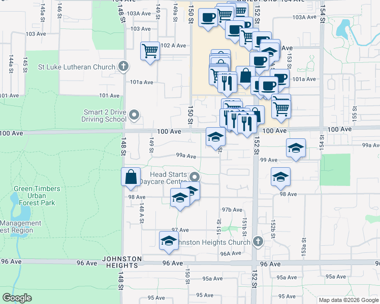 map of restaurants, bars, coffee shops, grocery stores, and more near 15003 99A Avenue in Surrey