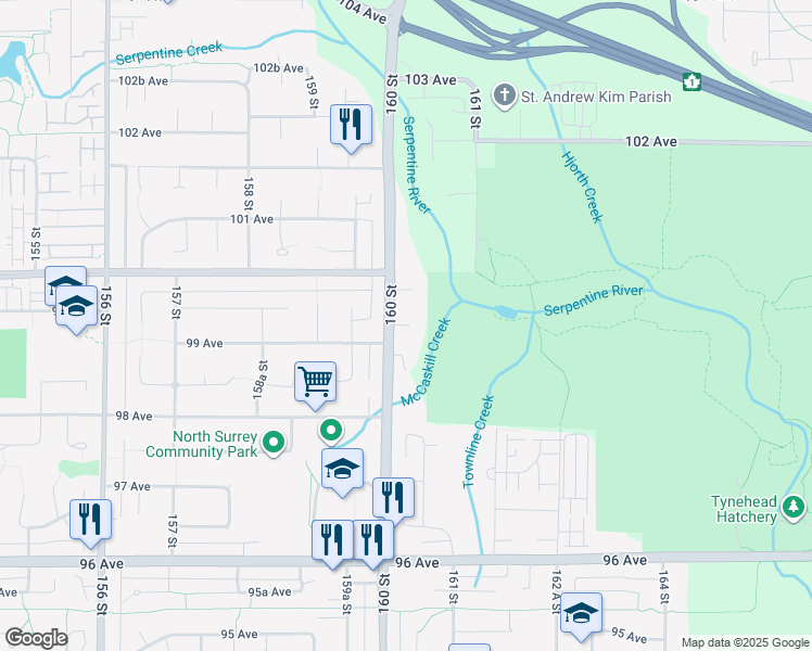 map of restaurants, bars, coffee shops, grocery stores, and more near 16042 99 Avenue in Surrey