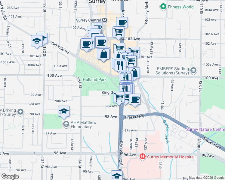 map of restaurants, bars, coffee shops, grocery stores, and more near 13590 Holland Commons in Surrey