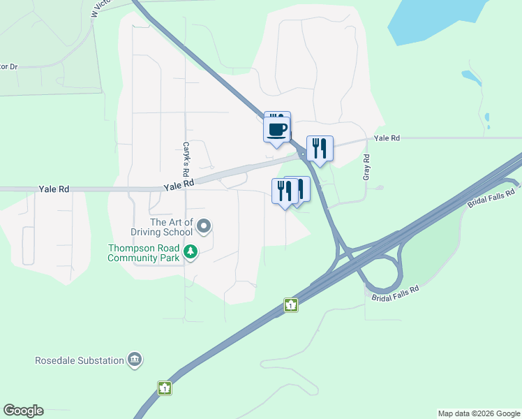 map of restaurants, bars, coffee shops, grocery stores, and more near 52892 Bunker Road in Fraser Valley