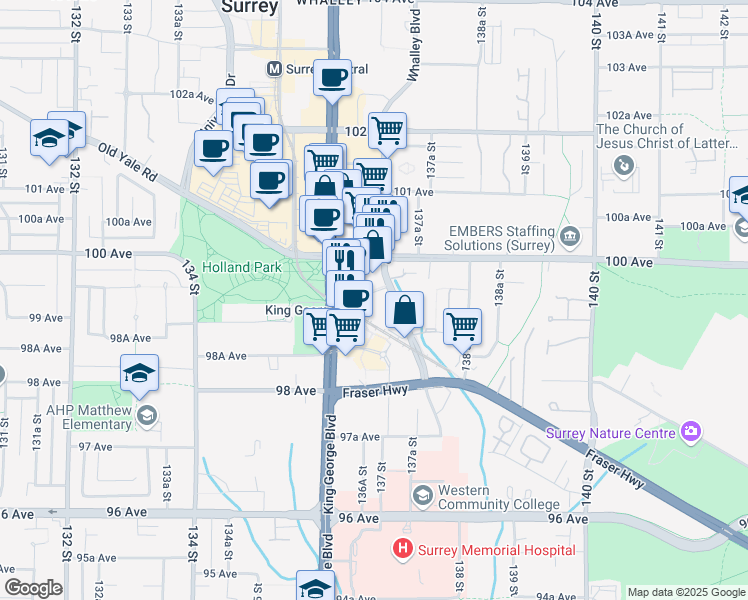 map of restaurants, bars, coffee shops, grocery stores, and more near 9887 Whalley Boulevard in Surrey
