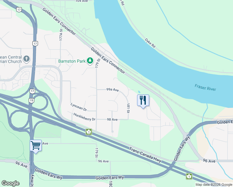 map of restaurants, bars, coffee shops, grocery stores, and more near 18048 99A Avenue in Surrey
