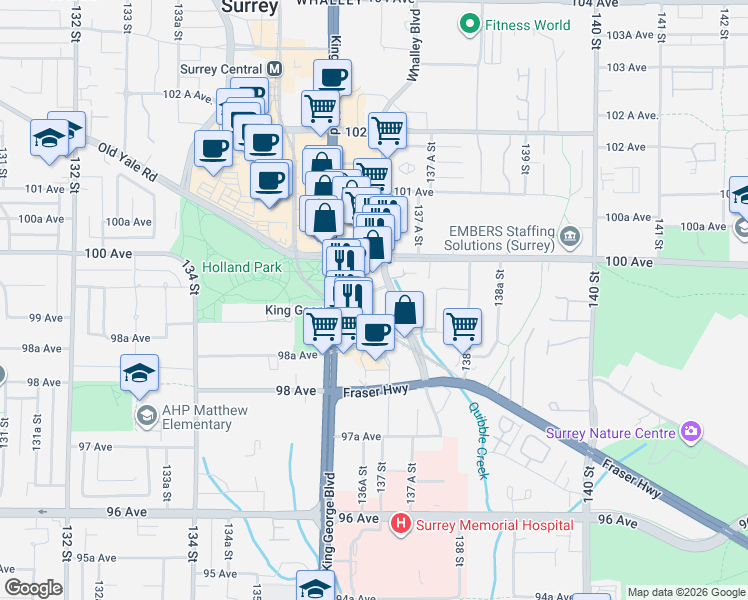 map of restaurants, bars, coffee shops, grocery stores, and more near 9887 Whalley Boulevard in Surrey