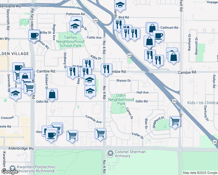 map of restaurants, bars, coffee shops, grocery stores, and more near 4191 Fisher Dr in Richmond