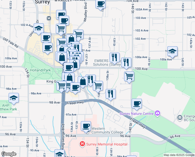 map of restaurants, bars, coffee shops, grocery stores, and more near in Surrey
