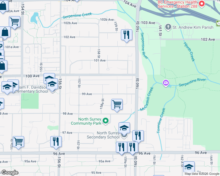 map of restaurants, bars, coffee shops, grocery stores, and more near 15878 99A Avenue in Surrey