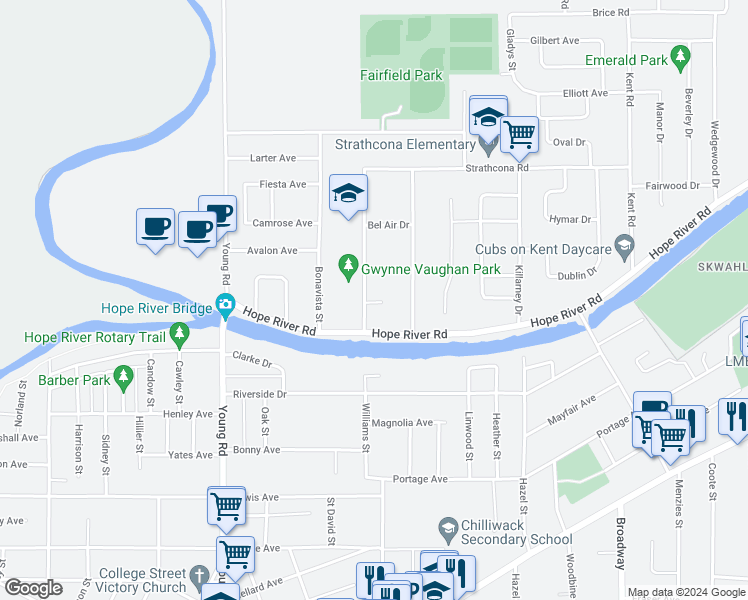 map of restaurants, bars, coffee shops, grocery stores, and more near 46209 Arbour Place in Chilliwack