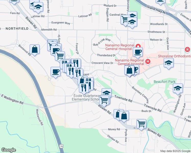 map of restaurants, bars, coffee shops, grocery stores, and more near 1800 Summerhill Place in Nanaimo