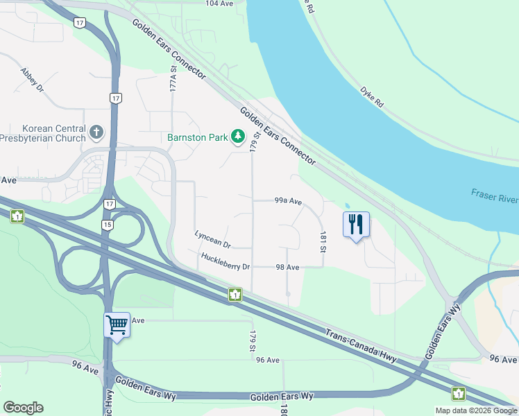 map of restaurants, bars, coffee shops, grocery stores, and more near 9932 179 Street in Surrey