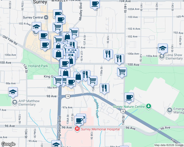map of restaurants, bars, coffee shops, grocery stores, and more near 9937 138 Street in Surrey