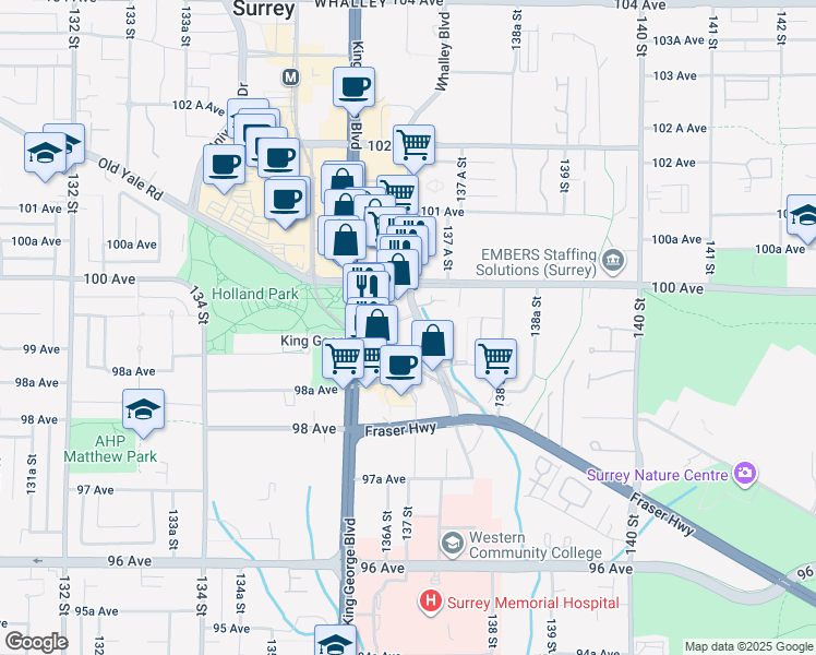 map of restaurants, bars, coffee shops, grocery stores, and more near 9887 Whalley Boulevard in Surrey
