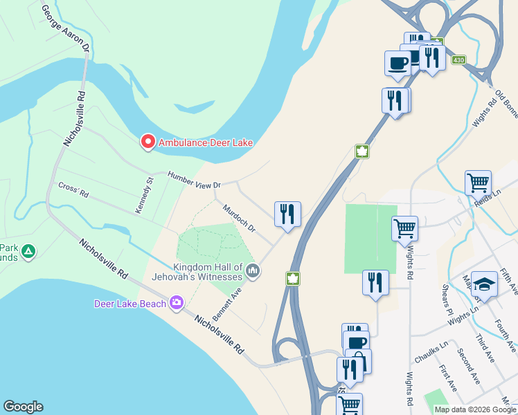 map of restaurants, bars, coffee shops, grocery stores, and more near 14 Dr. D. D. MacDonald Drive in Deer Lake