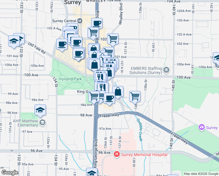 map of restaurants, bars, coffee shops, grocery stores, and more near 9887 Whalley Boulevard in Surrey