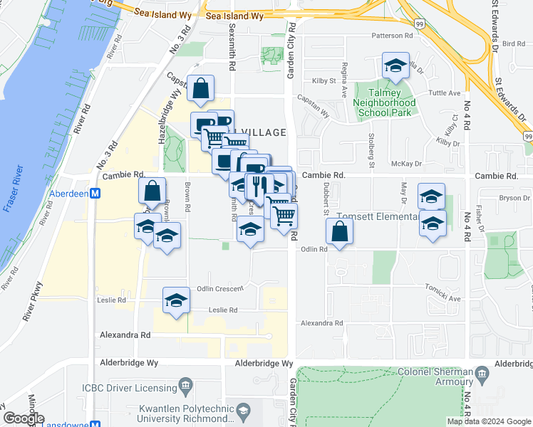 map of restaurants, bars, coffee shops, grocery stores, and more near 8766 McKim Way in Richmond