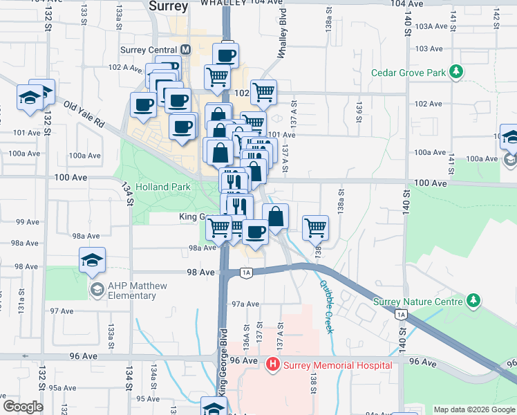 map of restaurants, bars, coffee shops, grocery stores, and more near 9887 Whalley Boulevard in Surrey