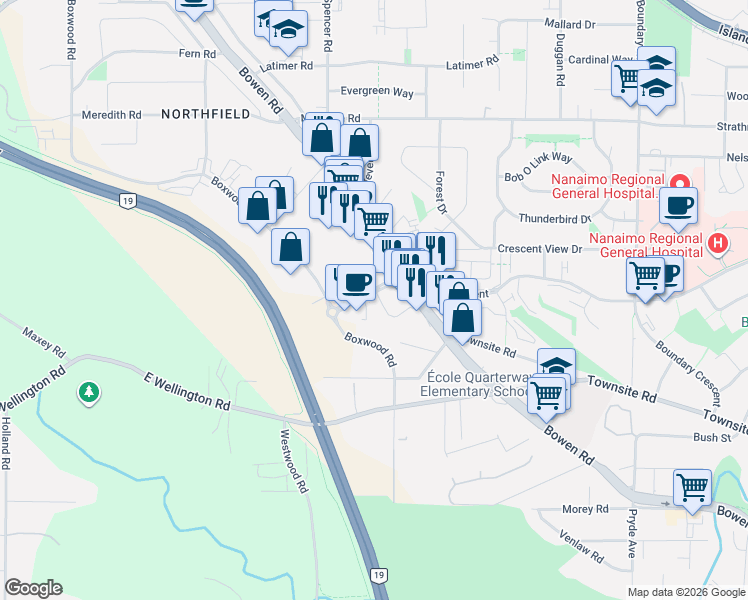 map of restaurants, bars, coffee shops, grocery stores, and more near 1847 Dufferin Crescent in Nanaimo