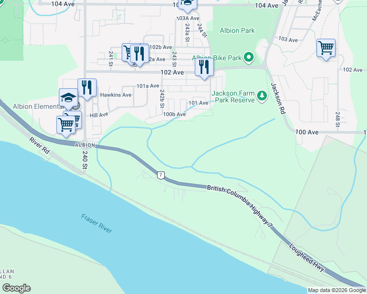 map of restaurants, bars, coffee shops, grocery stores, and more near 24225 Lougheed Highway in Maple Ridge