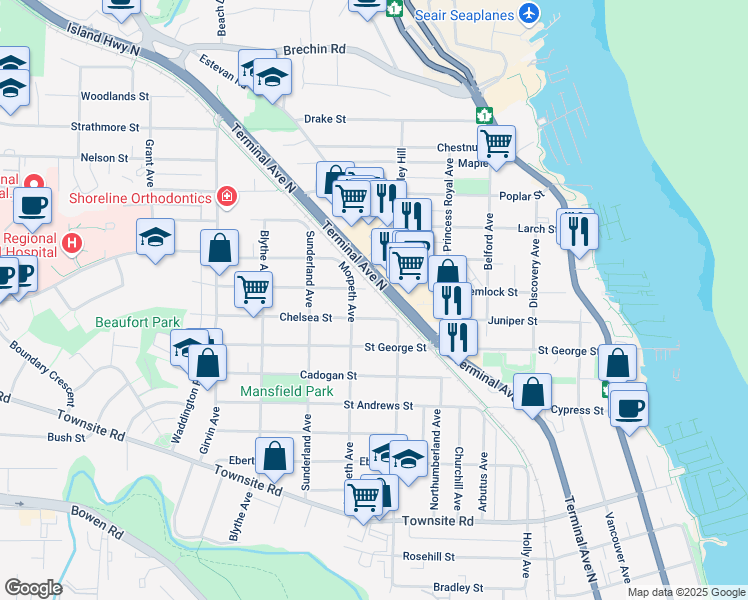 map of restaurants, bars, coffee shops, grocery stores, and more near in Nanaimo