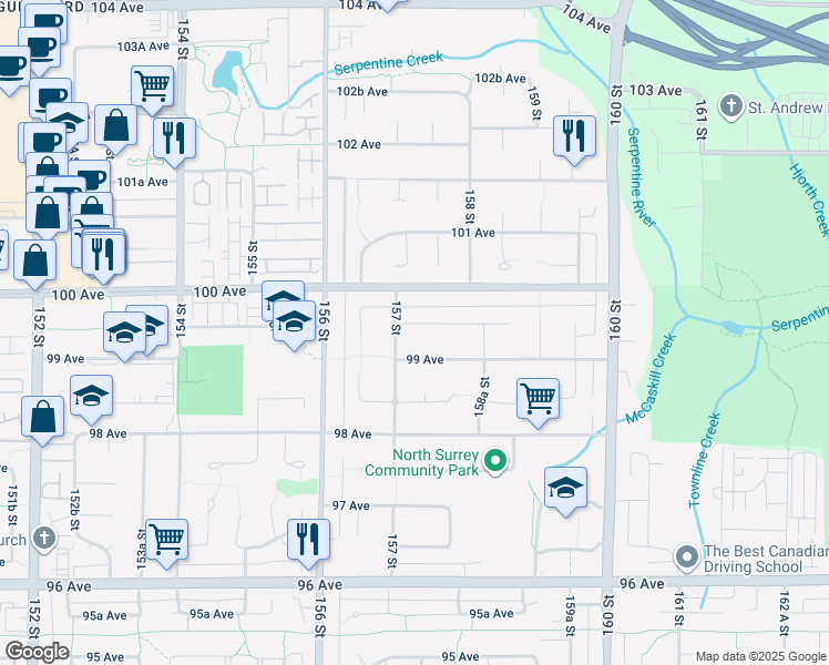 map of restaurants, bars, coffee shops, grocery stores, and more near 15728 99A Avenue in Surrey