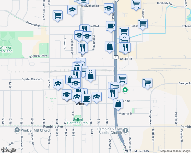 map of restaurants, bars, coffee shops, grocery stores, and more near 324 South Railway Avenue in Winkler