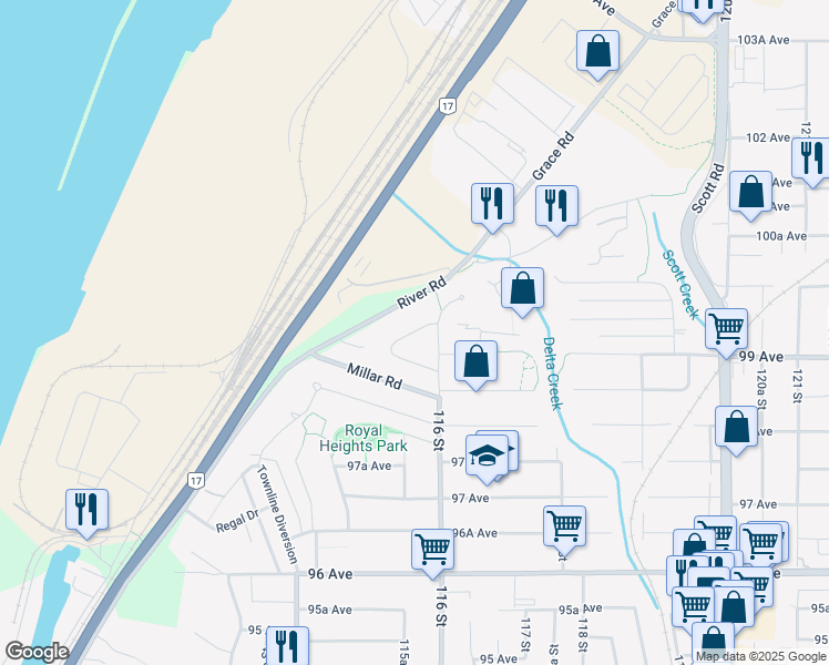 map of restaurants, bars, coffee shops, grocery stores, and more near Bailey Crescent in Surrey