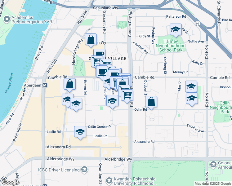 map of restaurants, bars, coffee shops, grocery stores, and more near 8888 Odlin Crescent in Richmond