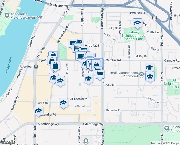 map of restaurants, bars, coffee shops, grocery stores, and more near 8700 McKim Way in Richmond