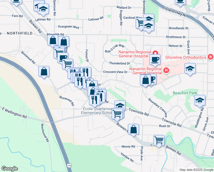 map of restaurants, bars, coffee shops, grocery stores, and more near 1800 Summerhill Place in Nanaimo