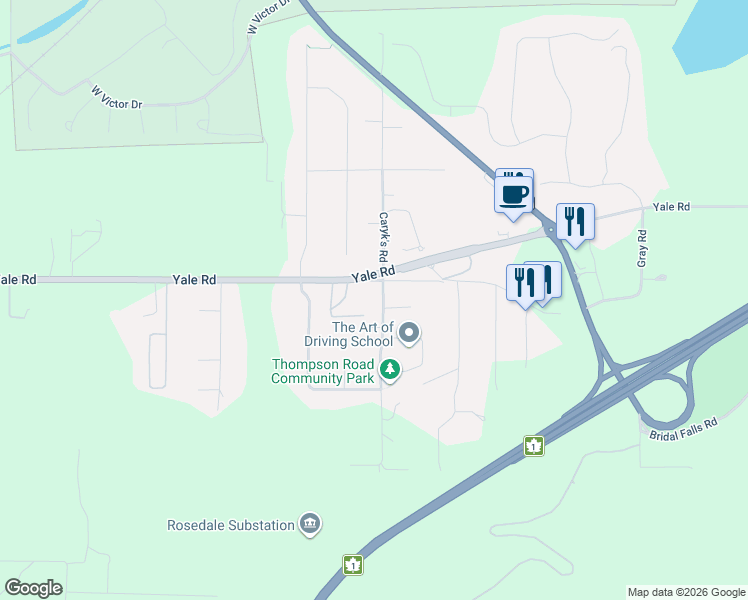 map of restaurants, bars, coffee shops, grocery stores, and more near 10059 Thompson Road in Fraser Valley