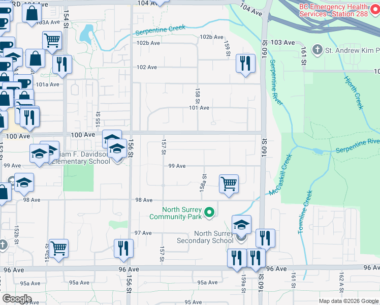 map of restaurants, bars, coffee shops, grocery stores, and more near 15780 99A Avenue in Surrey