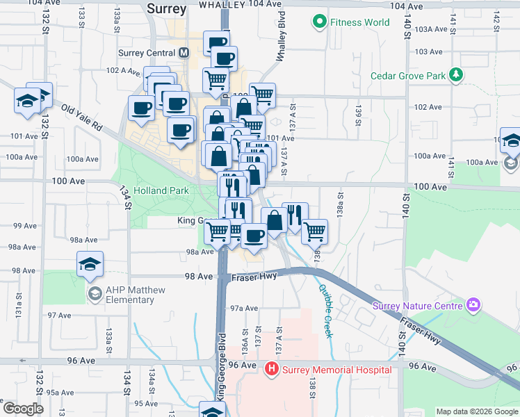map of restaurants, bars, coffee shops, grocery stores, and more near 9981 Whalley Boulevard in Surrey