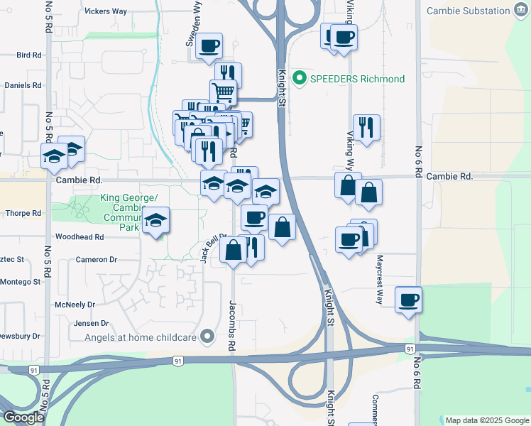 map of restaurants, bars, coffee shops, grocery stores, and more near 13131 Vanier Place in Richmond