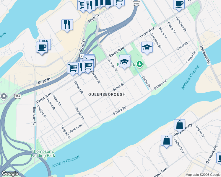 map of restaurants, bars, coffee shops, grocery stores, and more near 1029 Salter Street in New Westminster