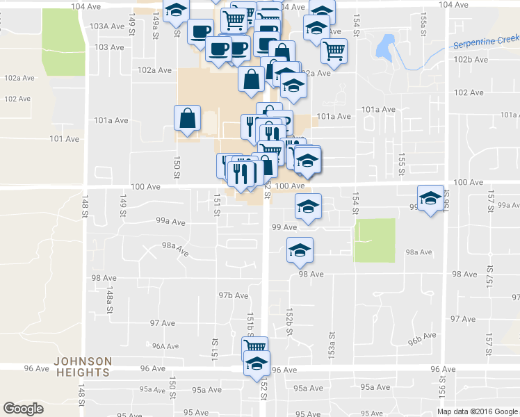 map of restaurants, bars, coffee shops, grocery stores, and more near 9965 152 Street in Surrey