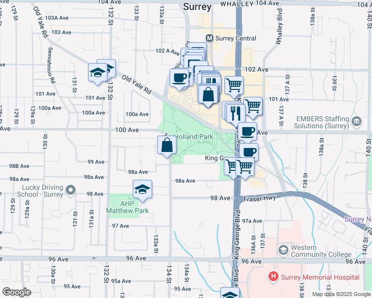 map of restaurants, bars, coffee shops, grocery stores, and more near in Surrey