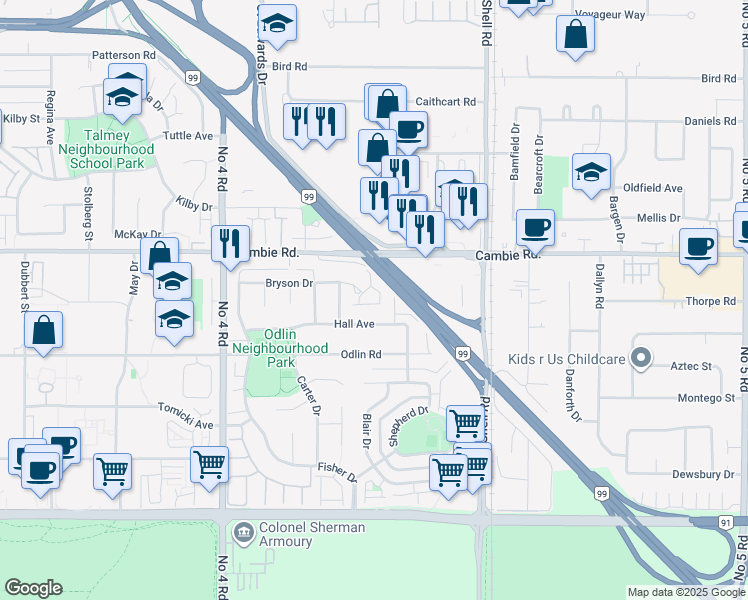 map of restaurants, bars, coffee shops, grocery stores, and more near in Richmond