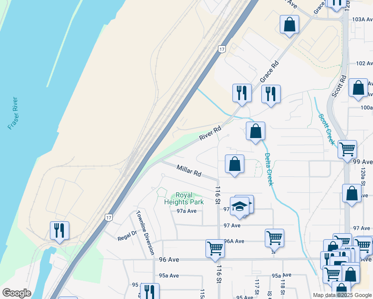 map of restaurants, bars, coffee shops, grocery stores, and more near 11502 River Road in Surrey